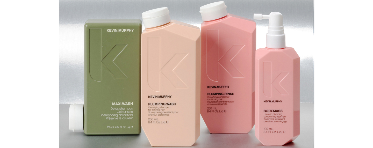Kevin Murphy plumping collection: MAXI.WASH shampoo, PLUMPING.WASH, PLUMPING.RINSE, and BODY.MASS treatment for thickness.
